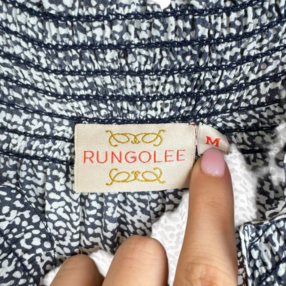 Rungolee Gray & White Print Center Stripe Smocked Off the Shoulder Mini Dress - Picture 10 of 12